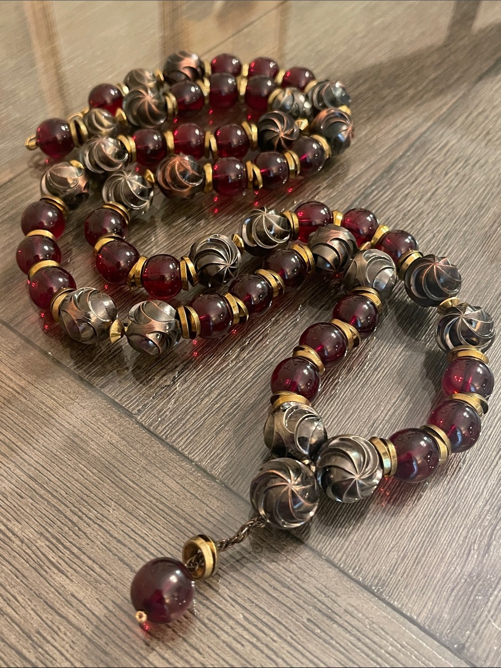 Vintage Large Red, Gunmetal, & Copper Beaded Necklace